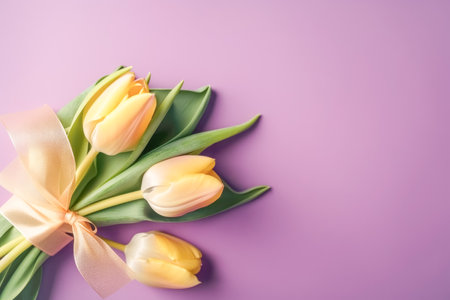 Beautiful flowers, yellow tulips tied with a satin ribbon, pastel pink lilac background. Spring floral backgroundの素材