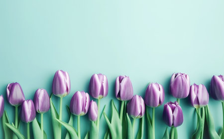 Beautiful flowers, purple tulips on pastel green background. Postcard template Womens Day, March 8, Nurses Dayの素材