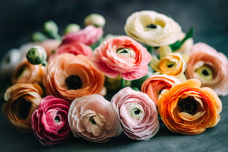 Beautiful blossoming ranunculus flowers, selective focus, dark background. Natural floral backgroundの素材