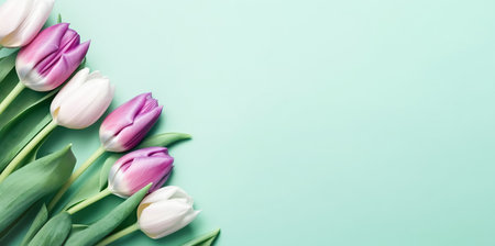 Beautiful pink and white tulips with satin ribbon, pastel green background. Postcard template Womens Day, March 8の素材
