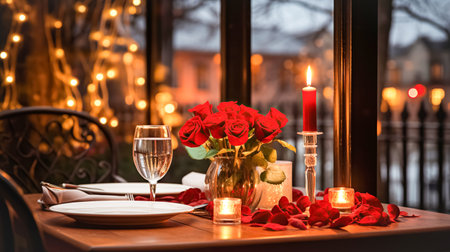 Festive table setting with elegant wine glasses and beautiful red roses on a Valentines Day backgroundの素材