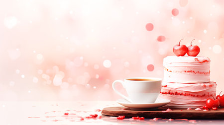 A mug of hot coffee, a sweet airy cake with cream, decorated with hearts for Valentines Day. Romantic breakfastの素材