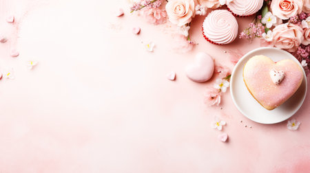 Sweet heart-shaped cake for Valentines Day, Mothers Day. Romantic breakfast with dessert on a light backgroundの素材