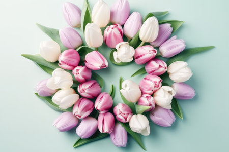 Beautiful pink white tulips laid out in heart shape, pastel green background. Postcard template Womens Day, Nurses Dayの素材