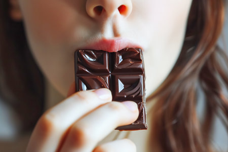 Happy young woman biting chocolate bar. Close-up, selective focus. World Chocolate Dayの素材