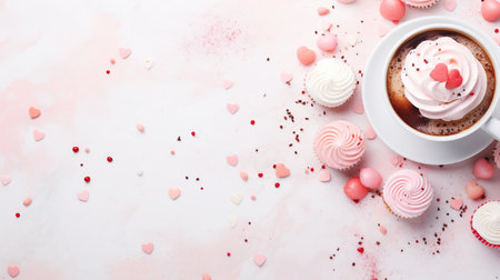 A cup of hot coffee, sweet macaroons for Valentines Day, Mothers Day. Romantic breakfastの素材