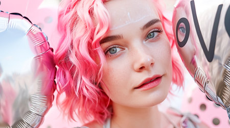 A young cute hipster girl with pink hair and bright makeup holds shiny balloon with text Love, symbol of love, valentineの素材