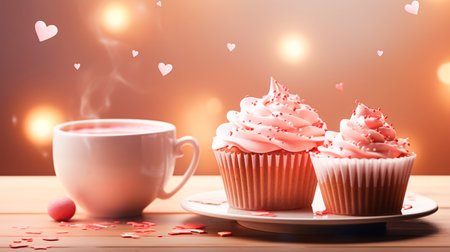 A mug of hot coffee, a sweet airy cake with cream, decorated with hearts for Valentines Day. Romantic breakfastの素材