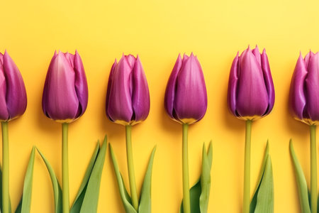 Beautiful flowers, purple tulips on a bright yellow background. Postcard template Womens Day, March 8, Nurses Dayの素材