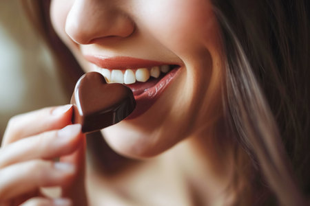 Happy young woman bites heart-shaped chocolate. Close-up, selective focus. World Chocolate Day, Valentines Dayの素材