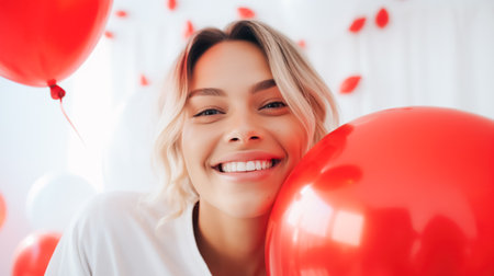 Happy young woman holding a balloon with a red heart, a symbol of love for Valentines Dayの素材