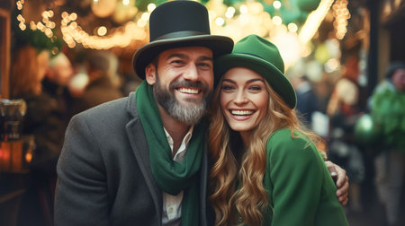 Modern fashionable man and woman in green hats and St. Patricks Day suits, against the backdrop of a city streetの素材
