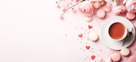 A cup of hot coffee, sweet macaroons for Valentines Day, Mothers Day. Romantic breakfastの素材