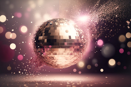 Sparkling Disco ball on luxurious neon pink background with sparkles bokeh. Template for modern creative holiday designの素材