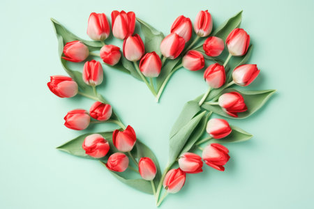 Beautiful red tulips laid out in heart shape, pastel green background. Postcard template Womens Day, Nurses Dayの素材