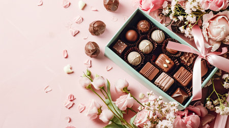 Set of chocolates in a craft box decorated with satin ribbon, festive pastel pink trendy background with fresh flowersの素材