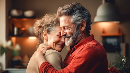 Couple in love, man and middle-aged woman, hugging, getting closer, enjoying moment of affection, cuddling in kitchenの素材