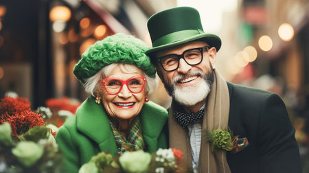 Contemporary adult man and woman in green hats and St. Patricks Day suits looking at the camera and smilingの素材