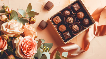 A set of chocolates in an open craft box decorated with a satin ribbon, festive pastel peach trendy backgroundの素材