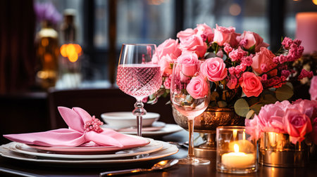 Festive table setting with elegant wine glasses, beautiful pink roses. Romantic dinner for Valentines Day, weddingの素材