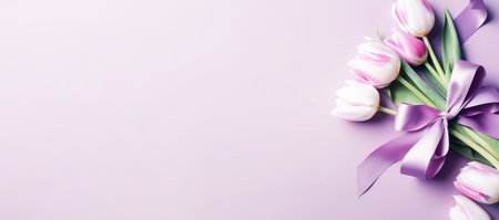 Beautiful pink and white tulips with satin ribbon, pink background. Postcard template Womens Day, March 8, Nurses Dayの素材