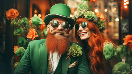 Modern man with beard and woman with red hair wearing green St. Patricks Day hats take part in parade down city streetの素材