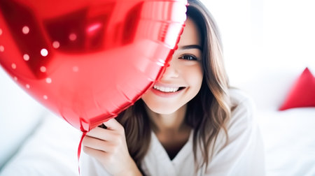 Happy young woman holding a balloon with a red heart and posing for the camera, a symbol of love for Valentines Dayの素材