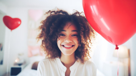 Happy young black woman holding balloon with a red heart and posing for the camera, symbol of love for Valentines Dayの素材