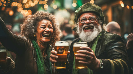 Modern adult man with a beard and a woman in green glasses drink beer and joyfully celebrate St. Patricks Dayの素材