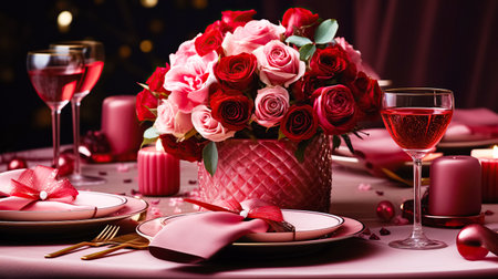 Festive table setting with elegant wine glasses and beautiful red roses on a Valentines Day backgroundの素材