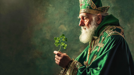 Saint Patrick in green clerical vestments holds a shamrock for preaching, an Irish symbol. Holiday Saint Patricks Dayの素材