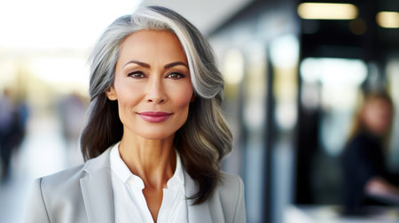 A modern middle-aged financial business woman with flowing gray hair looks at camera and smilesの素材