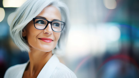 Modern financial business young blonde woman wearing glasses, copy space. Portrait of happy, confident successful womanの素材