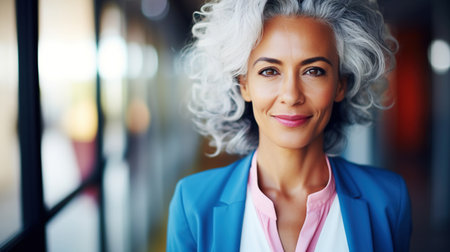 Modern middle-aged financial businesswoman with flowing gray hair, looking at the camera and smilingの素材