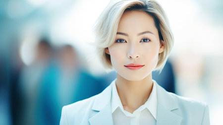 Modern financial business adult Asian woman with short hair on background of an office, service corridor. Portrait womanの素材