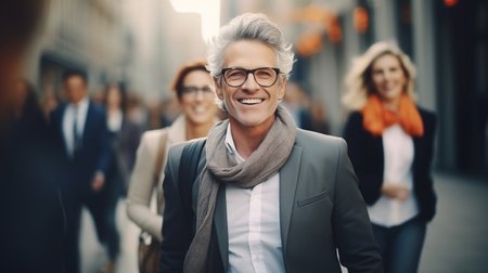 Modern adult man with short hair in an office suit against background of moving people. Portrait of a business manの素材