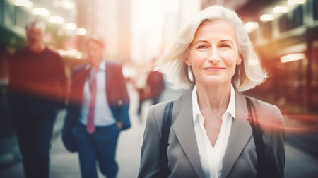 Modern adult woman with short hair in an office suit against background of moving people. Portrait of a business womanの素材