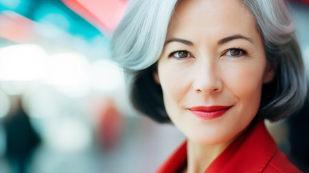 A modern middle-aged financial business woman with flowing gray hair looks at camera and smilesの素材