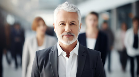 Modern adult man with short hair in an office suit against background of moving people. Portrait of a business manの素材