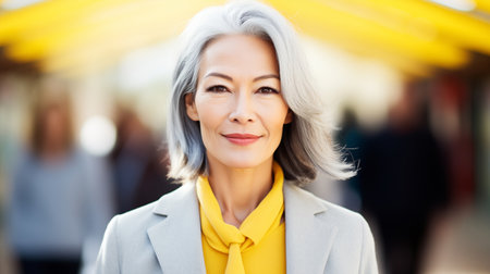 A modern middle-aged financial business woman with flowing gray hair looks at camera and smilesの素材