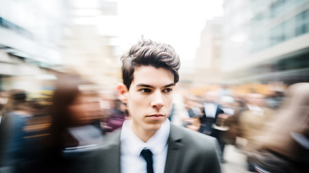 A young man in a stressed or depressed state against the backdrop of moving people along a city street. Mental healthの素材