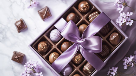 A set of chocolates in an open craft box, decorated with satin purple ribbon on a pastel purple background with flowersの素材