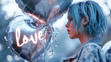 A young hipster girl with blue hair and bright makeup holds balloon with text Love, symbol of love, valentines cardの素材
