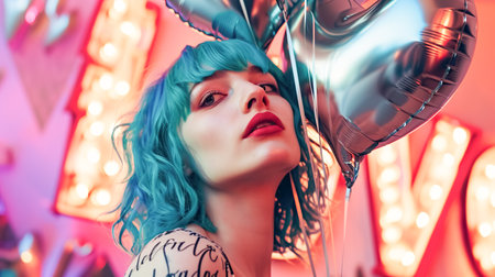 A young pretty hipster girl with blue hair and bright makeup holds a shiny balloon against the background of neon signsの素材