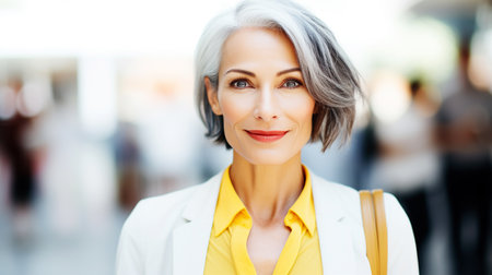 Modern middle-aged financial business woman with gray hair wearing, looking at camera. Portrait stylish womanの素材