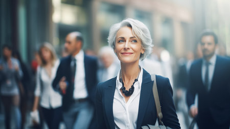 Modern adult woman with short hair in an office suit against background of moving people. Portrait of a business womanの素材