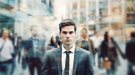 A young man in a stressed or depressed state against the backdrop of moving people along a city street. Mental healthの素材