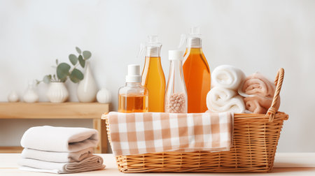 Various detergents for washing and cleaning, colored towels in wicker basket, on light tabletop with green plantsの素材