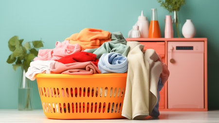 Colorful clothes and towels in a wicker basket, various detergents for washing on a bright blue backgroundの素材