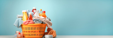 Colorful clothes and towels in a wicker basket, various detergents for washing on a bright blue backgroundの素材